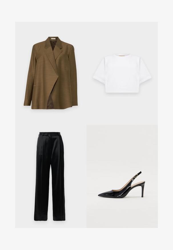 Blazer marrone con un tessuto testurizzato, caratterizzato da un colletto a scialle, una parte anteriore asimmetrica e tasche laterali. Senza fodera e con un'elegante caduta.; T-shirt bianca cropped realizzata in tessuto morbido, con maniche corte, scollo rotondo e dettagli a costine sull'orlo. Design semplice e senza fronzoli.; Pantaloni in satin neri a vita alta con gambe larghe dritte, passanti per cintura e chiusura frontale piatta su uno sfondo bianco semplice.; Pumps slingback in pelle verniciata nera con punta affilata, tacco sottile e un design con ritagli delicati. Caratterizzate da una fibbia dorata sul cinturino.