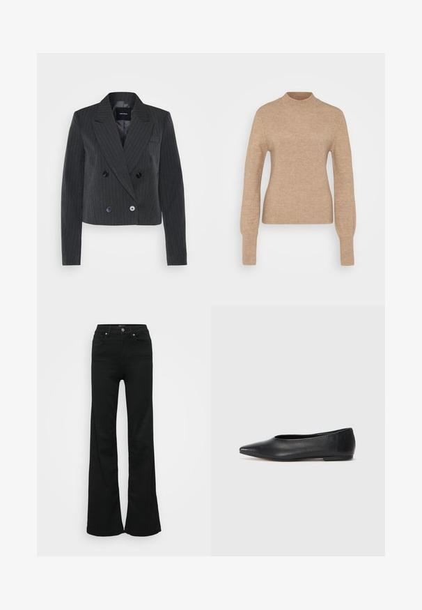 Vero Moda Tall VMSILJE PINSTRIPE - Σακάκι - dark grey melange; Μπεζ πλεκτό πουλόβερ με μινιόν λαιμό, μακριά μανίκια και εφαρμοστή γραμμή. Μαλακή υφή με λεία επιφάνεια. Μινιμαλιστικός σχεδιασμός χωρίς μοτίβα.; Μαύρα φαρδιά τζιν από τζην υλικό, με ψηλή μέση, πέντε τσέπες και μεταλλικό κούμπωμα. Λείο υφή με ελάχιστες λεπτομέρειες.; Μαύρη δερμάτινη μπαλαρίνα, αιχμηρή μύτη, μινιμαλιστικός σχεδιασμός, λεία υφή, χαμηλή τακούνι, χωρίς ορατό υλικό ή διακοσμήσεις.