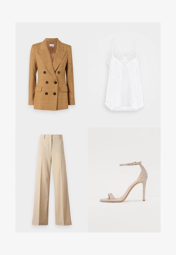 Kétgombos blazer barna szövetből, kigondolt gallérral, két elülső zsebbel és fekete gombokkal. Simító textúra, strukturált dizájn.; Fehér pántos top V-nyakkivágással, vékony pántokkal, texturált csipke díszítéssel a vállaknál és ívelt szegéllyel. Simás anyagfelület.; Beige színű, bő szabású nadrág sima anyagból, lapos elejével, redőkkel, cipzáras záródással és övhurkokkal. Összességében testreszabott szabású.; Fém rózsaarany színű, pántos magassarkú szandál, texturált felsőrésszel, nyitott orral és arany csattal díszített bokapánttal.