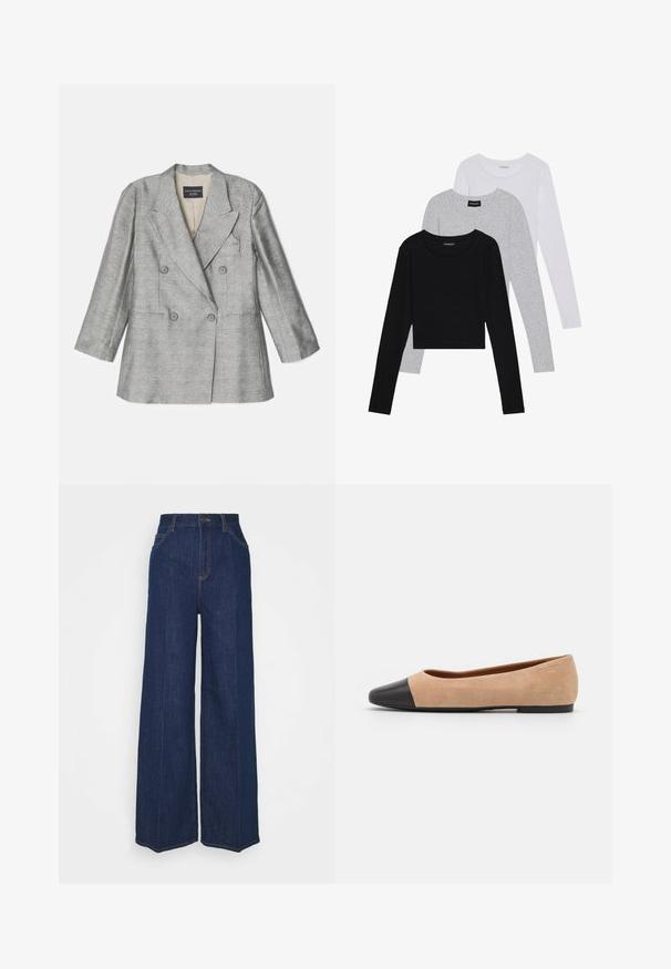 Emporio Armani Žakete - greige; Trīs garām piedurknēm veidotas augšdaļas, sakrautās: melna, pelēka un balta. Katram ir noapaļots kakla izgriezums un īsa dizaina forma ar gludu, vieglu audumu.; Augstas jostas līmeņa plaša kāju tumši zila džinsu bikses ar priekšējiem un aizmugurējiem kabatām, poga aizdare un redzami šuvju detaļas.; Beigā zamšādas balerīnas ar melnu ādas noapaļotu purngalu, zemu papēdi un gludu tekstūru, ar minimālu dūrienu un tīru dizainu.