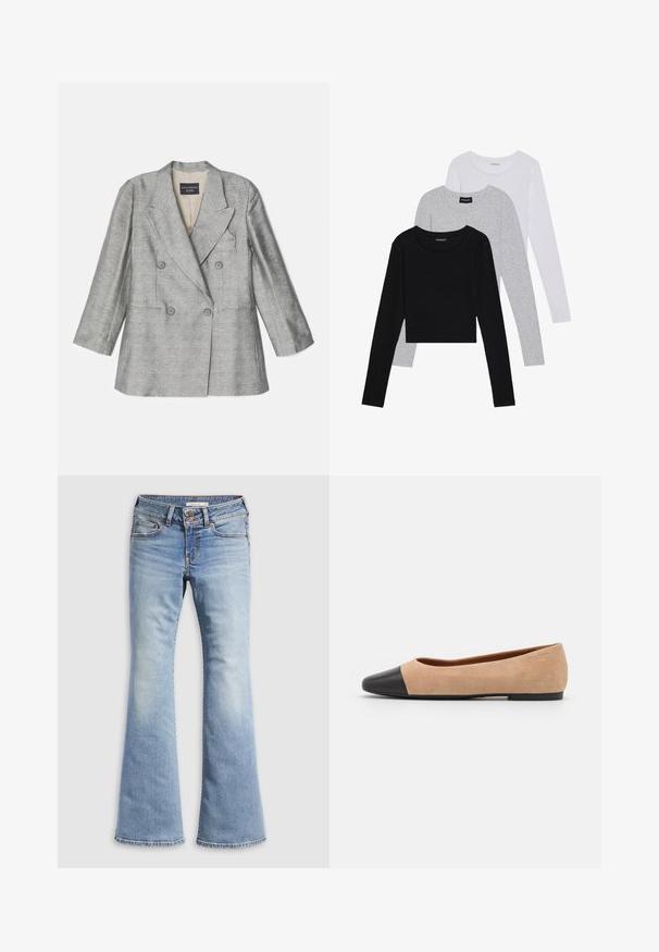 Emporio Armani Blejzer - greige; Tričko s dlhým rukávom v troch farbách: čiernej, sivej a bielej. Každé má okrúhly výstrih a skrátený strih vyrobený z hladkej, ľahkej tkaniny.; Svetlomodré rozšírené džínsy z denimu. Majú zapínanie na gombík, päť vreciek a vyblednutú textúru bez švov na okrajoch.; Béžové semišové baletky s čiernou koženou okrúhlou špičkou, nízkym podpätkom a hladkou textúrou, s minimálnym prešívaním a čistým dizajnom.