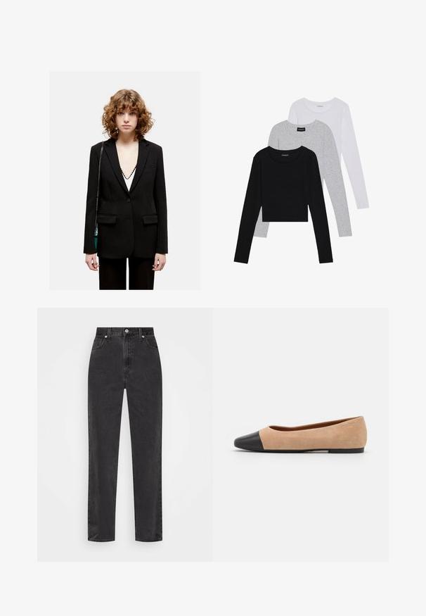 Zwarte op maat gemaakte blazer met een slanke pasvorm, inkepingen op de revers, twee voorzakken en een enkele knopen sluiting. Glad materiaal en minimalistisch ontwerp.; Drie langmouwige tops gestapeld: zwart, grijs en wit. Elke top heeft een ronde halslijn en een cropped ontwerp van soepel, lichtgewicht materiaal.; Zwarte denim jeans met rechte pijpen en hoge taille, met een knoop en rits aan de voorkant en vijf zakken, op een witte achtergrond.; Beige suède ballet flats met een zwarte leren ronde neuskap, lage hak en een gladde textuur, met minimale stiksels en een schone uitstraling.