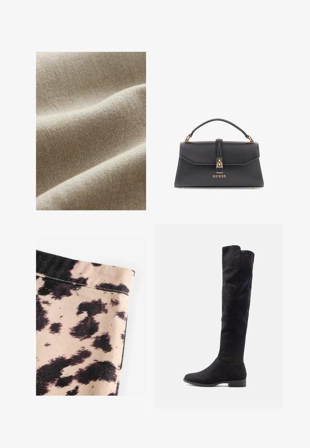 Béžová tkanina s textúrovaným vzorom, s jemnými variáciami tónu a hladkým, jemným povrchom. Detailný pohľad zvýrazňujúci záhyby.; Čierny rolák vyrobený z ľahkej pleteniny. Má dlhé rukávy, priliehavý strih a jemnú rebrovanú štruktúru.; Béžová tkanina s čiernym vzorom kravskej kože, so ryhovanou textúrou a jednoduchým švom. Žiadne viditeľné kovové prvky alebo ozdoby.; Čierne semišové čižmy po kolená s hladkým povrchom, zaoblenou špičkou a nízkym blokovým opätkom; minimalistický dizajn bez viditeľných priečelí.; Čierna kabelka z faux kože so štruktúrovaným tvarom, zlatými kovovými detailmi, horným úchytom a predným zatváraním s logom "GUESS".