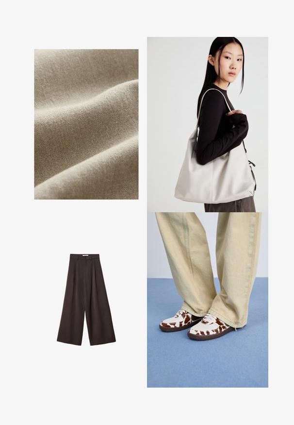 Béžová látka s texturovaným tkaním, která má jemné variace tónu a hladký, měkký povrch. Detailní pohled zdůrazňující záhyby.; Souprava dvou dlouhých rukávů v bílé a černé barvě. Hladká textura, kulatý výstřih, upnutý střih s mírně rozšířenými rukávy.; Černé široké kalhoty s vysokým pasem, s předními záhyby a zapínáním na knoflík v pase, vyrobené z hladké látky.; Bílé a hnědé tenisky s vzorem, vyrobené z mesh a kůže, s hnědými gumovými podrážkami. V kombinaci s světle béžovými kalhotami s širokými nohavicemi.; Beige kabelka vyrobená z měkkého materiálu, s volným designem, prošívanými detaily a dvěma ramenními popruhy. Vhodná pro každodenní použití.