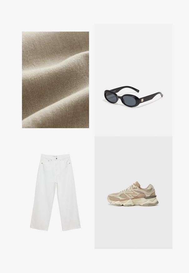 Beige fabric with a textured weave, featuring subtle variations in tone and a smooth, soft finish. Close-up view highlighting folds.; White sleeveless tank top with a square neckline, smooth texture, and a form-fitting design. Made from lightweight fabric.; White wide-leg jeans made of denim with a high waist, featuring five pockets and metal hardware accents. Smooth texture, no visible patterns.; Beige athletic sneakers with mesh and suede materials, rounded toe, thick sole, and notable reflective accents on the side.; Black oval sunglasses with dark lenses, glossy plastic frame, wide arms, and a small gold accent on one side.