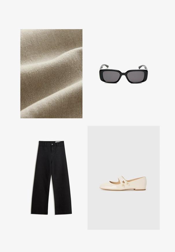 Beige tyg med en texturerad väv, med subtila tonvariationer och en mjuk, slät yta. Närbild som framhäver veck.; Vit t-shirt som är gjord av mjukt, lätt tyg. Har en rund halsringning och korta, vida ärmar med en avslappnad passform. Inga synliga mönster.; Svarta vida denimbyxor med hög midja, med fram- och bakfickor, sydda sömmar och knappstängning. Slät textur.; Elfenbenfärgade patenterade läderballerinas med två dekorativa remmar och gyllene knappar, med rund tå och låg blockklack.; Svarta rektangulära solglasögon med mörka linser, slimmad plastbåge och böjda tempel. Designen är kraftig med en minimalistisk estetik.