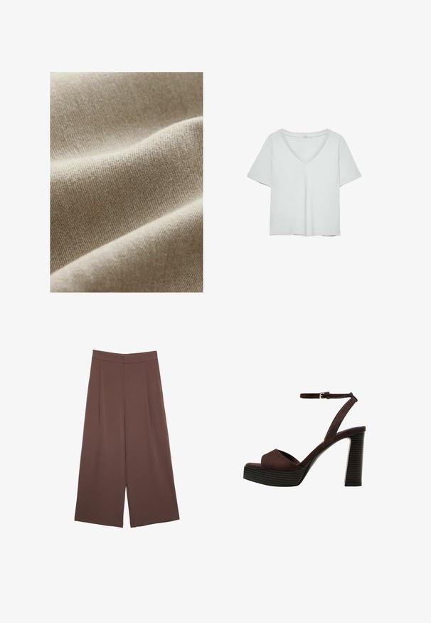 Beige stof met een gestructureerde weving, met subtiele variaties in toon en een gladde, zachte afwerking. Close-up weergave die de plooien benadrukt.; Lichtgrijze T-shirt met korte mouwen en V-hals, gemaakt van zacht materiaal; heeft een relaxte pasvorm en nette stiksels zonder patronen.; Bruine wijde broek met een gladde textuur, voorzien van een hoge taille en plooien aan de voorkant. De stof is lichtgewicht en valt losjes.; Bruine suède high-heeled sandaal met een open teen, verstelbare enkelband en een gestreepte plateauzool.