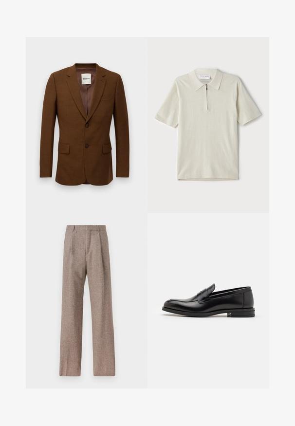 Smeđi sako s oštrim reverima, dva gumba, džepovima s preklopom i džepom na prsima, oznakom "Sandro" unutar ovratnika.; Polo majica kratkih rukava u svijetloj bež boji s zatvaračem na ovratniku. Napravljena od glatkog materijala, sadrži jednostavan, moderan dizajn bez uzoraka.; Bijela košulja s dugim rukavima na dugme, izrađena od pamuka, s džepom na prsima s ton-sur-ton vezom, ovratnikom i dugmadi na manžetama.; Smeđe, hlače viskog struka od teksturiranog materijala. Imaju široke nogavice i dva prednja pregiba za strukturu. Uređen završetak bez vidljivih metalnih dijelova.; Crni kožni mokasini s glatkom teksturom, zaobljenim prstima i ukrasnom trakom preko prednjeg dijela. Niski slojeviti potplat, minimalistički dizajn.