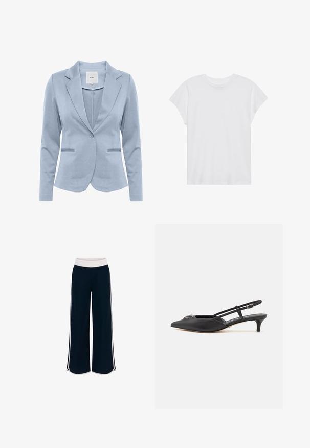 Világoskék blézer sima anyagból, sálgallérral, egysoros gombolással és két elülső zsebből áll. Klasszikus, szabott fazon.; Fehér, rövid ujjú póló, kerek nyakkivágással, laza szabású, puha pamut anyagból készült. Sima felület, nincs rajta minta vagy logó.; Tengerészkék, bő szárú nadrág fehér gumis derékkal és kontrasztos oldalsó csíkokkal. Sima textúra, laza fazon, az alján oldalsó sliccekkel.; Fekete, sarokba húzós cipők, hegyes orral, sima anyagból készült, kis sarokkal és díszes ezüst részlettel a lábfej részen.