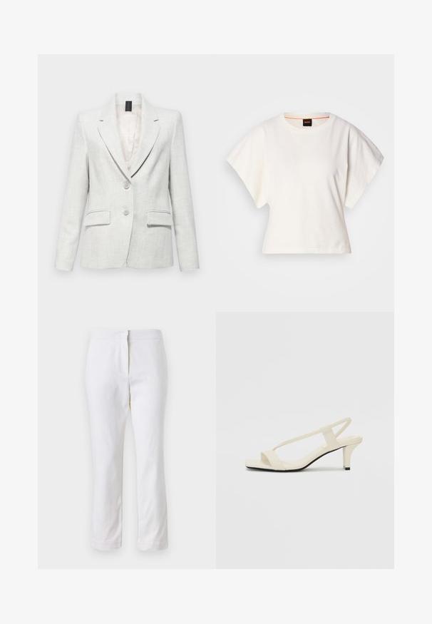 Světlé šedé sako vyrobené z texturované tkaniny, s klopovým límcem, dvěma předními kapsami a dvěma knoflíky v pase.; Bílý zkrácený T-shirt, krátké široké rukávy, měkký bavlněný materiál, kulatý výstřih s jemným oranžovým lemováním, minimalistický design, bez vzorů nebo grafik.; Bílé bavlněné kalhoty s rovnou nohavicou, s středně vysokým pasem a bez viditelných kovových prvků nebo vzorů. Hladká textura po celém povrchu.; Krémové sandály na bloku s tenkými popruhy a čtveratou špičkou. Hladký materiál s minimálními detaily, navržené pro snadné nošení.