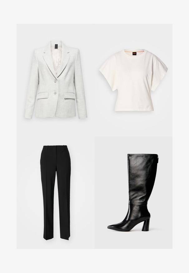 Ανοιχτό γκρι σακάκι κατασκευασμένο από υφαντό ύφασμα, με πέτο και δύο μπροστινές τσέπες, καθώς και δύο κουμπιά στη μέση.; Λευκό κοντομάνικο μπλουζάκι, φαρδιές κοντές μανίκες, μαλακό βαμβακερό υλικό, στρογγυλή λαιμόκοψη με διακριτική πορτοκαλί λεπτομέρεια, μινιμαλιστικός σχεδιασμός, χωρίς σχέδια ή γραφικά.; Μαύρο παντελόνι με ραφή που έχει σχεδιασμό ίσιας γραμμής, διαθέτει λεία υφή και καθαρές πτυχώσεις κατά μήκος της μπροστινής πλευράς. Χωρίς ορατό μεταλλικό υλικό.; Μαύρη δερμάτινη μπότες μέχρι το γόνατο με μυτερή μύτη, λεία υφή και χοντρό τακούνι. Διαθέτει λεπτομέρεια φερμουάρ στο πίσω μέρος.