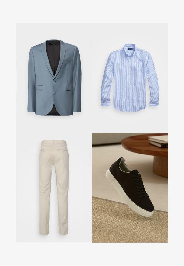 Svetle modrá saka se zářezovými klopy, dvěma knoflíky a jednou náprsní kapsou. Texturovaná tkanina s černou podšívkou.; Modrá a bílá pruhovaná košile s dlouhým rukávem vyrobená z bavlny, s límcem na knoflíky, předními knoflíky a malým vyšitým logem na hrudi.; Beige kalhoty se hladkým povrchem, rovný střih, dvě zadní kapsy s knoflíky a standardní pas.; Černé tenisky s bílou podrážkou plující nad béžovým texturovaným kobercem poblíž kulatého dřevěného stolu se stohovanými knihami.