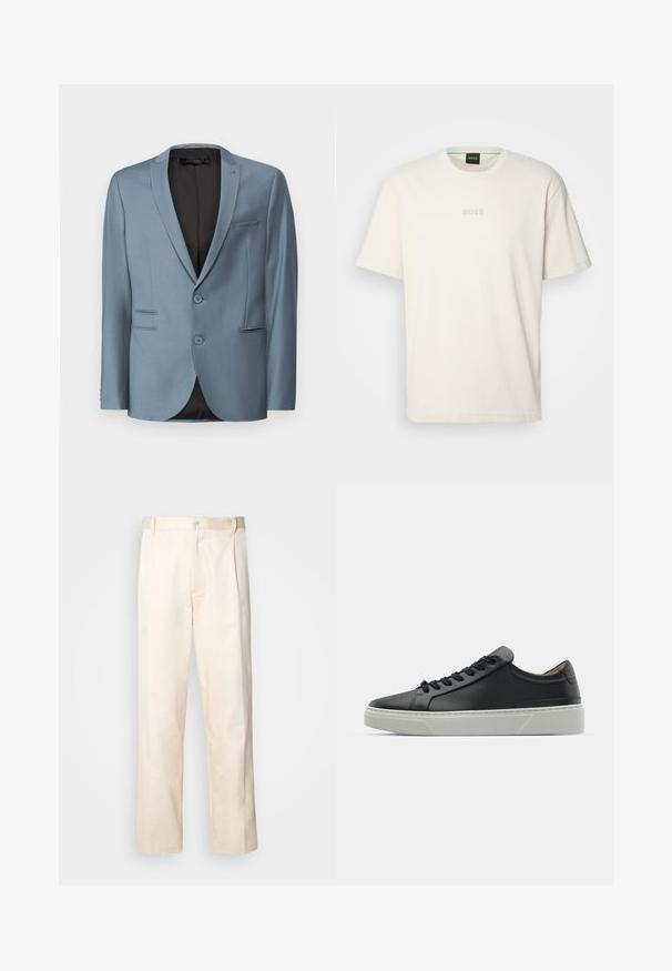 Light blue suit jacket with notch lapels, two buttons, and a single chest pocket. Textured fabric with a black interior lining.; BOSS TEE - Basic T-shirt - open white; Beige cotton trousers with a straight-leg cut, featuring a button closure and pleats at the front for added detail.; Black leather sneaker with a smooth texture, round toe, and black laces. Features a thick, white rubber sole with subtle geometric accents.