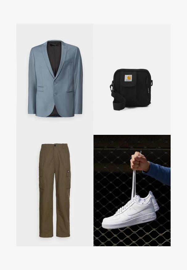 Light blue suit jacket with notch lapels, two buttons, and a single chest pocket. Textured fabric with a black interior lining.; White short-sleeve t-shirt, loose fit, round neckline, smooth cotton fabric, unembellished back, straight hemline, no patterns or accents.; Cargo pants in olive green, made of durable fabric. Features two side pockets, a standard waist, and a straight-leg design.; White leather sneakers with perforations, round toe, flat sole, and thick laces, featuring a visible swoosh logo and "AIR" on the heel.; Black crossbody bag with a zippered main compartment, front pocket, adjustable strap, and a visible logo patch on the flap.
