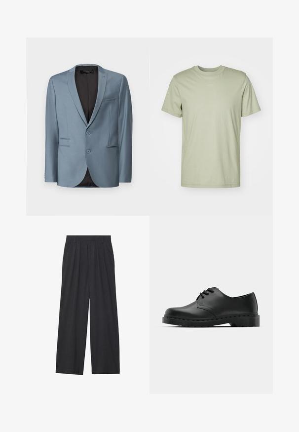 Jasnoniebieska marynarka garniturowa z klapami, na dwa guziki oraz jedną kieszenią na piersi. Teksturowana tkanina z czarną podszewką.; Jasnozielona bawełniana koszulka z okrągłym dekoltem, krótkimi rękawami i subtelnym logo marki nadrukowanym na środku klatki piersiowej.; Szerokie spodnie wykonane z ciemnoszarego materiału. Posiadają pliski w talii, dopasowany krój oraz prostą sylwetkę.; Czarne skórzane półbuty oxford z zapięciem na sznurowadła, zaokrąglonym noskiem, płaską gumową podeszwą oraz subtelnym przeszyciem na cholewce.