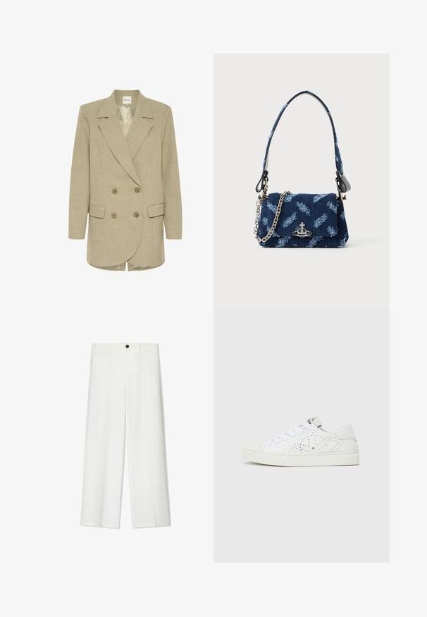 Dvojnabočni blazer v svetlo bež tkanini z teksturiranim zaključkom, z zareznimi reverji, dvema sprednjima žepoma in zlatimi gumbi.; Bela majica s črnim napisom, ki promovira glasbeni dogodek, z besedami "Ekskluziven dostop," "Rock Indie koncerti" in "Superzvezdniška glasbena izkušnja."; Beli, široke hlače z gladko teksturo, ki imajo sprednji gumb in zankice za pas, zasnovane za sproščen kroj.; Beli nizki športni copati z perforiranim dizajnom, ravnimi vezalkami in teksturiranim gumijastim podplatom. Imajo minimalističen slog in mehak zaključek.; Mornarsko modra torbica iz blaga z teksturiranim dizajnom, srebrno okovje in snemljiva verižica. Ima zaponko na pokrovu in poudarjen logotip.