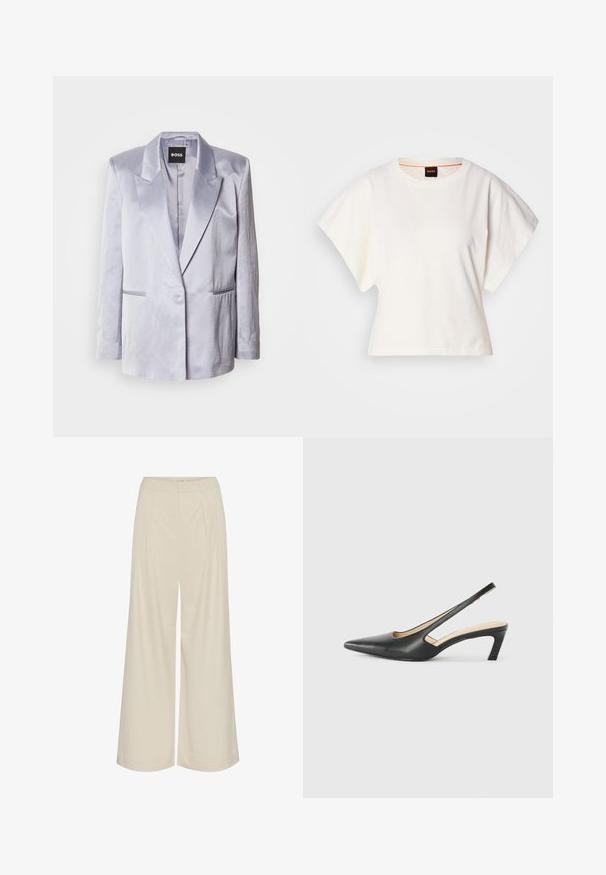 Šviesiai pilkas satino švarkas su įpjautu apykakle, vieno mygtuko priekyje ir dviem šoninėm kišenėm; lygi tekstūra su struktūruotais pečiais.; Baltas trumpas marškinėliai, plačios trumpomis rankovėmis, minkšta medvilnė, apvali kaklo iškirptė su subtiliu oranžiniu apvadu, minimalus dizainas, be raštų ar grafikų.; Platus kojų kelnes iš šviesiai smėlio spalvos audinio, su klostėmis, aukštu liemeniu ir lygia tekstūra, be matomų dekoro elementų.; Juodas smailus slingback batelis su žemu kulnu, pagamintas iš lygaus odos paviršiaus ir su išpjovomis šone, užtikrinančiomis oro pralaidumą.
