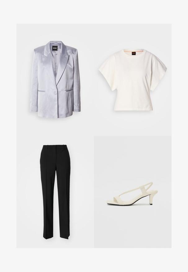 Blazer de satén gris claro con solapa de muesca, cierre de botón único en el frente y dos bolsillos laterales; textura suave con hombros estructurados.; Camiseta blanca recortada, con mangas cortas y anchas, material de algodón suave, cuello redondo con un sutil ribete naranja, diseño minimalista, sin patrones ni gráficos.; Pantalones negros ajustados con un diseño de pierna recta, que presentan una textura suave y pliegues nítidos en el frente. Sin herrajes visibles.; Sandalias de tacón cuadrado en color beige con tiras delgadas y punta cuadrada. Material suave con un diseño minimalista, diseñado para facilitar su uso.