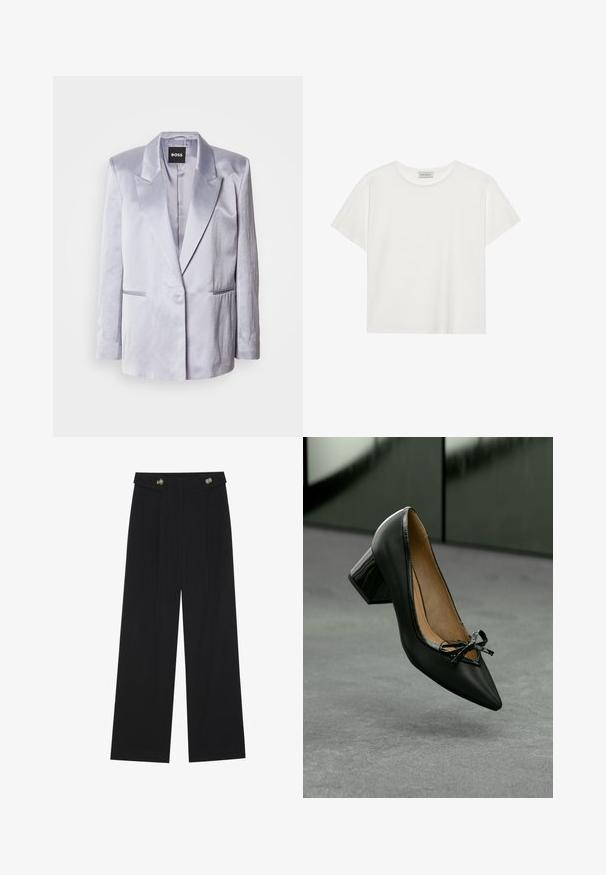 Világosszürke szatén blézer, kihajtott gallérral, egynyomós elülső résszel és két oldalsó zsebbel; sima textúrájú, struktúrált vállakkal.; Fehér, rövid ujjú póló, puha pamutból készült. Kerek nyakkivágással és laza szabással rendelkezik. Tiszta dizájn, látható minták vagy díszítések nélkül.; Fekete, bő szárú nadrág magas derékkal, gombos részletekkel a derékrészen és elülső pliszékkal.; Fekete bőr, hegyes orrú magassarkú cipő, tömbsarkúval és kicsi díszes masnival, szürke padlón, sötétzöld háttérfallal.