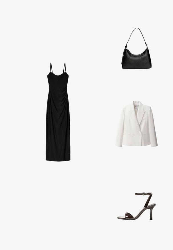 Witte dubbelknop blazer in een gladde stof, met notch-kleppen, twee voorzakken en een enkele borstzak.; Zwart midi-jurk met dunne verstelbare bandjes, voorzien van een gedrapeerd ontwerp en een gladde textuur. Geen zichtbare patronen of versieringen.; Bruine gepatenteerde lederen sandaal met hoge hak, enkelbandje, open teen, en een strak, minimalistisch ontwerp. Voorzien van een vierkante hak.; Zwarte synthetische leren handtas met een gebogen vorm, korte handgreep, ritssluiting en een subtiel textuurpatroon op het oppervlak.