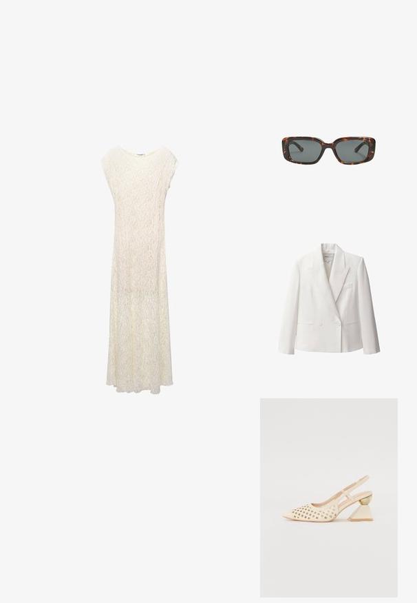 Witte dubbelknop blazer in een gladde stof, met notch-kleppen, twee voorzakken en een enkele borstzak.; Lange kanten maxi-jurk in off-white met een losse pasvorm, kapmouwen en een bloemenpatroon. De stof is semi-doorzichtig met een vloeiende silhouet.; Beige slingback schoen met geperforeerde bovenkant, puntige neus en een contrasterende driehoekige hak met een gouden accent. Over het algemeen een gladde textuur.; Schildpad zonnebril met rechthoekige glazen, dikke monturen en donkere glazen. Glad oppervlak en minimalistisch ontwerp.