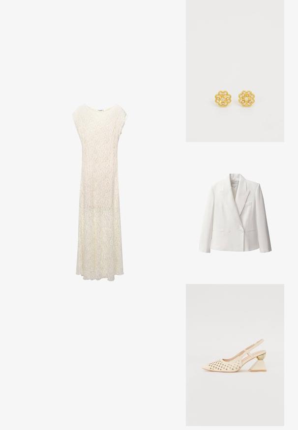 Weißes zweireihiges Sakko aus glattem Stoff, mit Reverskragen, zwei frontalen Taschen und einer einzelnen Brusttasche.; Maxikleid aus Spitze in Off-White mit lockerer Passform, Kurzärmeln und floralem Muster. Der Stoff ist halbtransparent und hat eine fließende Silhouette.; Beige Slingback-Schuh mit Perforierung im Obermaterial, spitzer Zehenpartie und einem kontrastierenden dreieckigen Absatz mit einem goldenen Akzent. Insgesamt glatte Textur.; Goldfarbene Steckerohrringe mit einem floralen Design, die mit klaren eingefassten Steinen versehen sind. Die Textur ist glatt, mit einem polierten Finish und abgerundeten Kanten.