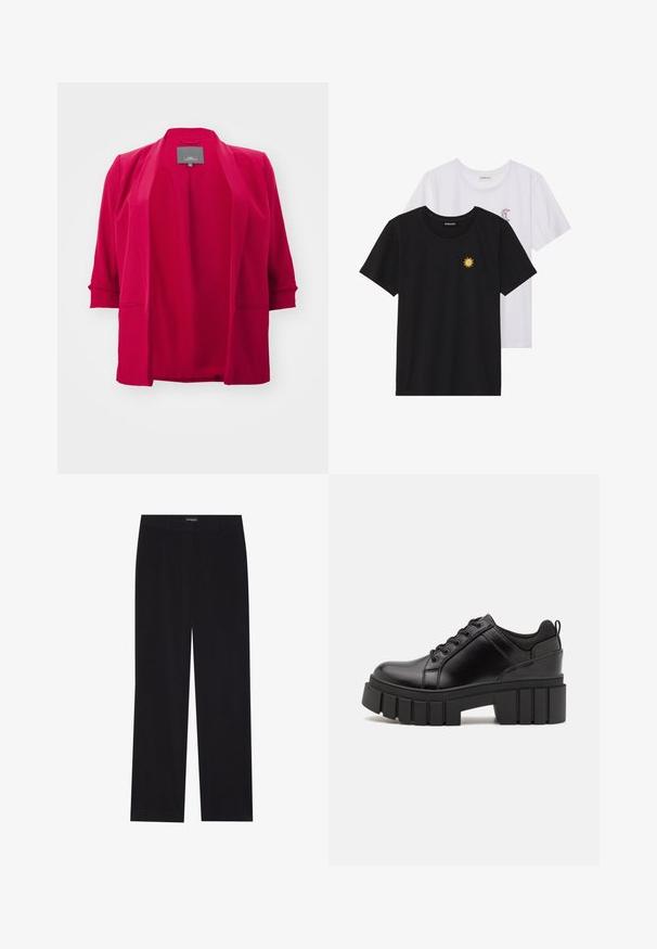 ONLY Carmakoma CARELLY 3/4 LIFE TLR NOOS - Bleizeris - sangria; Juodi ir balti marškinėliai, apvaliu kaklu, trumpomis rankovėmis. Juodi marškiniai su geltonu saulės siuvinėjimu; baltieji turi purpurinę pusmėnulio akcentą.; Juodi švelnūs štrichiniai džinsai su tiesiu kirpimu, plokščiu liemeniu ir be matomų kišenių, su glotnia tekstūra ir vertikaliu briaunavimu.; Juodi odiniai platformos batai su masyviu blokuota kulniuku, apvalia nosimi ir tradiciniu šnypštimo dizainu. Turintys glotnų paviršių ir minimalų dekoravimą.