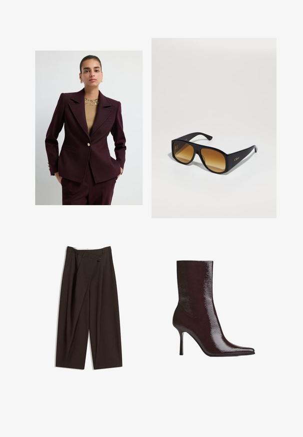 Kvinde iført en skræddersyet mørk burgunder dragt og beige top med udsmykninger, stående med hænderne i lommerne mod en ensfarvet baggrund.; Mørkeblå skjorte med knapper og hvide lodrette striber, lange ærmer, spids krave og en let buet kant, lavet af et glat materiale.; Mørkebrune brede bukser med høj talje, udstyret med en enkelt knaplukning og en plisseret front. Lavet af letvægtsstof.; Bordeaux ankelstøvle med glat finish, spids tå og tynd høj hæl. Det elegante design fremhæver den glatte tekstur og den strømlinede silhuet.; Sorte rektangulære solbriller med brune gradientlinser. Lavet af plast, med en glat overflade og et diskret guld logo på stangen.
