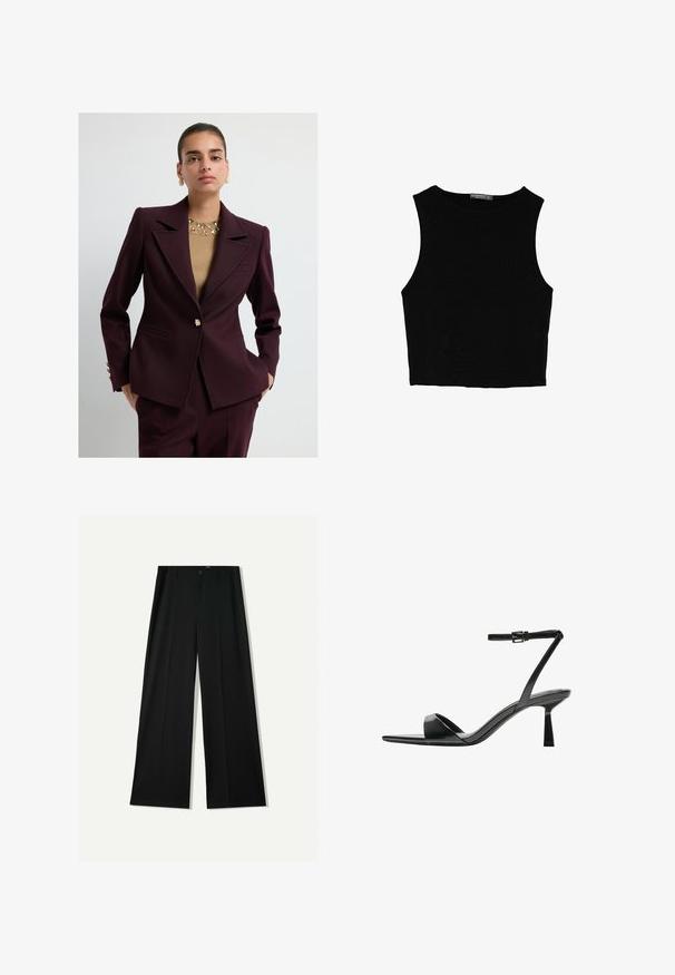 Woman wearing a tailored dark burgundy suit and beige top with embellishments, standing with hands in pockets against a plain background.; Black sleeveless crop top made of smooth fabric, featuring a round neck and a clean, simple design without patterns or hardware.; Bershka WIDE - Trousers - black; Bershka High heeled sandals - black