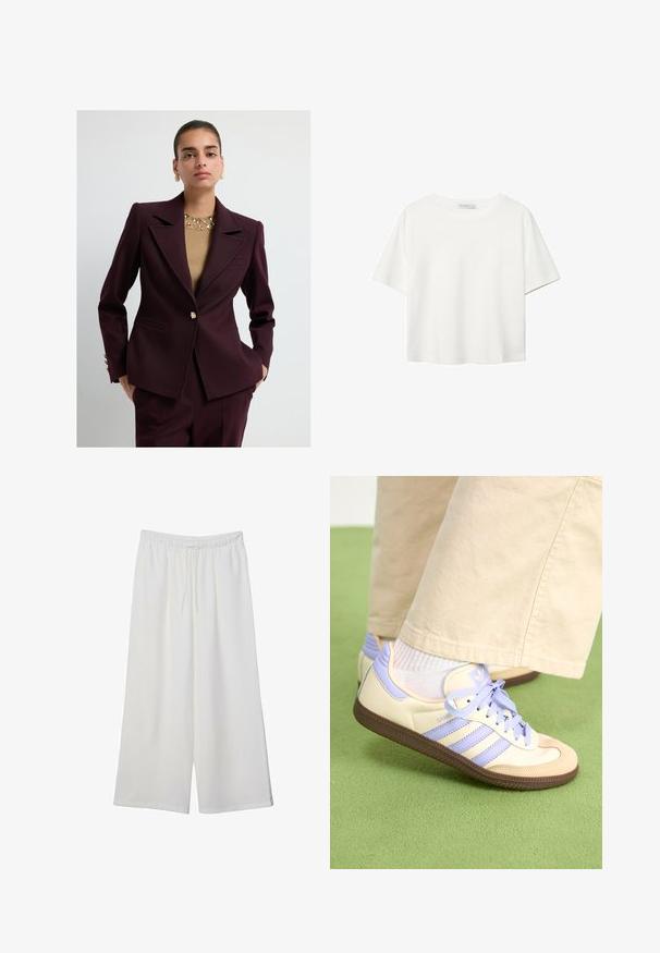 Kvinde iført en skræddersyet mørk burgunder dragt og beige top med udsmykninger, stående med hænderne i lommerne mod en ensfarvet baggrund.; Hvid kortærmet t-shirt lavet af bomuld. Har en rund halsudskæring og en afslappet pasform. Glat tekstur uden synlige mønstre eller detaljer.; Hvide vidde bukser lavet af letvægtsstof, med en elastisk talje og snøre for justerbar pasform. Glat tekstur.; Creme og lavendel sneakers med tre striber og en tekstureret brun sål, der har snørebånd og en polstret hæl. Blødt stof øvre.
