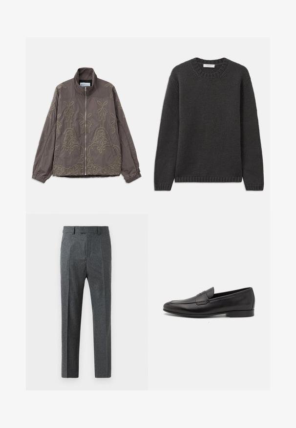 Bruine geborduurde jas met een hoge kraag, voorzien van ingewikkelde bloemmotieven en spiraalpatronen. Het heeft een ritssluiting aan de voorkant en elastische manchetten.; Donkergrijs gebreid sweater met een ronde halslijn, geribbelde manchetten en zoom. De stof heeft een gestructureerde uitstraling en een regular fit.; Grijze op maat gemaakte broeken met een fijne ruitpatroon, rechte pijpen en een zachte stoftextuur. Voorzien van riemlussen en een rits.; Zwarte leren herenloafers met een lage hak en een klassiek pennystrap-ontwerp, getoond in zijaanzicht op een witte achtergrond.