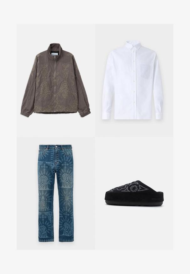 Brown embroidered jacket with a high collar, featuring intricate floral and swirling patterns. It has a front zipper and elastic cuffs.; White long-sleeve button-up shirt made of cotton, featuring a chest pocket with tonal embroidery, a collar, and button cuffs.; Denim jeans in a medium blue wash, featuring intricate light blue patterns, straight leg design, classic five-pocket style, and button closure.; Black suede slip-on shoe with embroidered design, rounded toe, thick sole, and the text "MOON BOOT" on the heel. Textured surface.