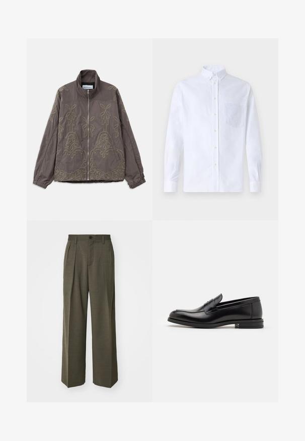 Brūns izšūta jaka ar augstu apkakli, kurai ir sarežģīti ziedu un vijīgumi raksti. Tai ir priekšējais rāvējslēdzējs un elastīgas piedurknes.; Balts garo piedurknēm krekliņš ar pogām, izgatavots no kokvilnas, ar krūšu kabatu ar tonālu izšuvumu, apkakli un pogām pie piedurknēm.; Filippa K WIDE TROUSERS - Auduma bikses - driftwood; Melnas ādas kurpes ar gludu tekstūru, noapaļu purngalu un dekoratīvu siksniņu pāri priekšpusei. Zems sakrauts papēdis, minimālisma dizains.