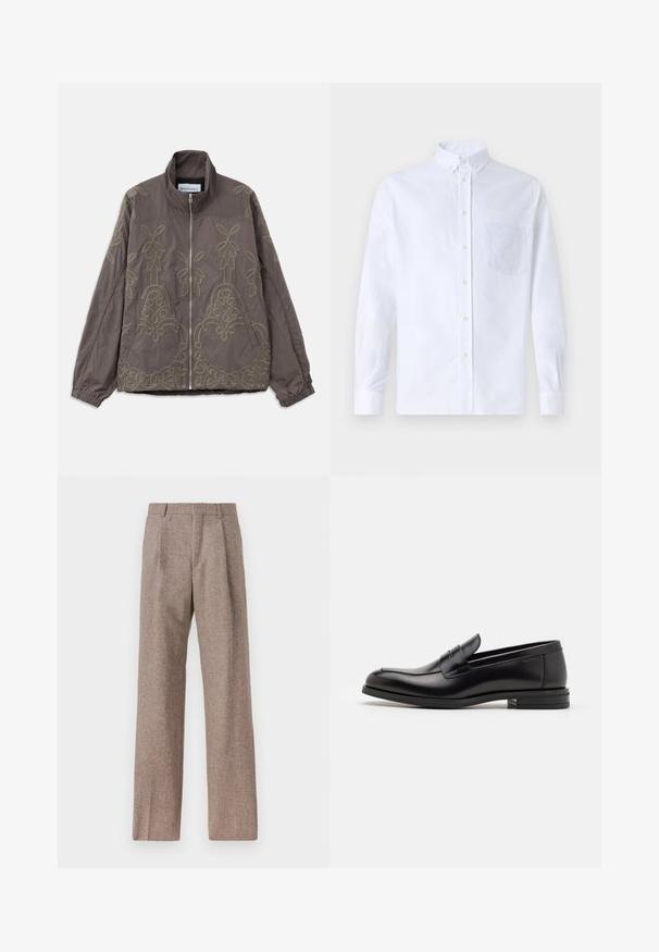 Brown embroidered jacket with a high collar, featuring intricate floral and swirling patterns. It has a front zipper and elastic cuffs.; White long-sleeve button-up shirt made of cotton, featuring a chest pocket with tonal embroidery, a collar, and button cuffs.; Brown, high-waisted trousers made of textured fabric. Features wide legs and two front pleats for structure. Neat finish with no visible hardware.; Black leather loafers with a smooth texture, rounded toe, and a decorative strap across the vamp. Low stacked heel, minimalist design.