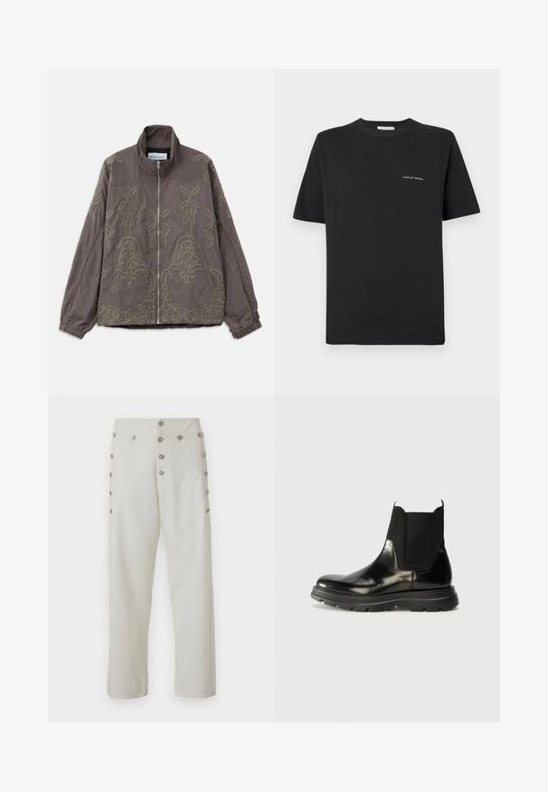 Ruda siuvinėjimo striukė su aukštu apykakle, turinti sudėtingų gėlių ir vingiuotų raštų. Ji turi priekinį užtrauktuką ir elastingas rankoves.; Juoda medvilnės marškinėliai su apvaliu kaklu, trumpomis rankovėmis ir mažu baltu „TIGER OF SWEDEN“ logotipu krūtinėje. Klasikinis siluetas.; Kreminės spalvos kelnių tiesaus kirpimo, su dekoratyviniais sidabro spalvos sagčių akcentais iš abiejų pusių ir lygaus audinio tekstūra.; Juodos odinės Chelsea botai su elastingais šonais, apvaliu pirštu ir tekstūruota guminėmis padangomis su įpjovomis sukibimui.