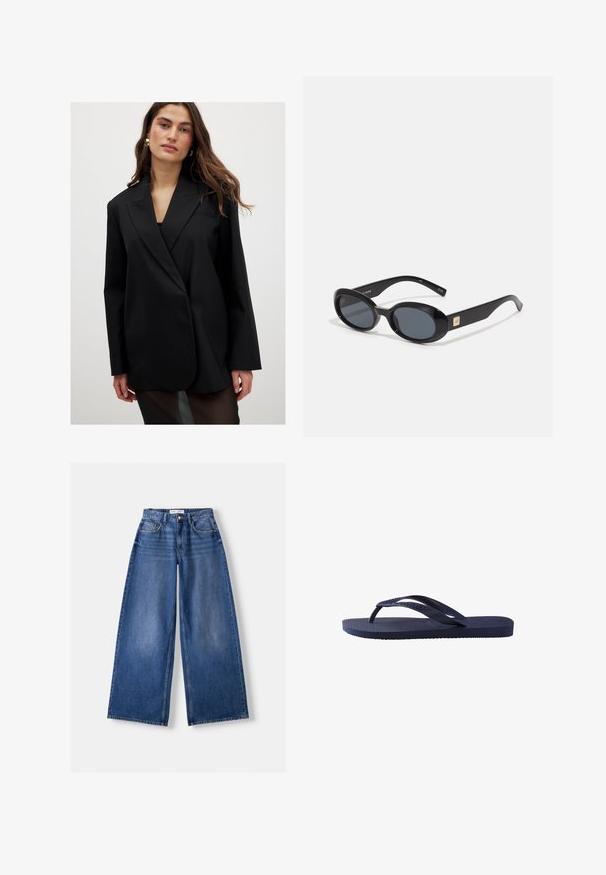 Czarna marynarka wykonana z gładkiego materiału, z klapami, długimi rękawami i jednym guzikiem. Lekko oversize, z minimalnymi detalami.; Biała bawełniana koszulka z krótkim rękawem, okrągłym dekoltem i luźnym krojem. Gładka tekstura i prosty design, bez wzorów i akcentów.; Bershka WIDE granatowy; Granatowe klapki z teksturowanymi paskami i podeszwą z gumy, z falistym wzorem na paskach oraz płaską, żłobioną wkładką.; Czarne owalne okulary przeciwsłoneczne z ciemnymi soczewkami, błyszcząca plastikowa oprawka, szerokie zauszniki i mały złoty akcent z jednej strony.; Czarna pleciona torba na ramię z dwoma uchwytami. Miękka tekstura, luźny fason i duży, zaokrąglony kształt. Brak widocznych elementów metalowych lub akcentów.