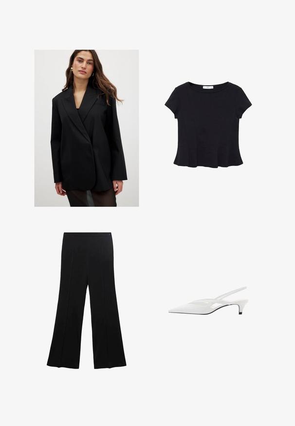 Zwarte blazer van soepele stof, met een notch-kraag, lange mouwen en een enkele knoop. Licht oversized, met minimale detailing.; Zwarte korte mouwen top van zacht materiaal, met een ronde halslijn en een uitlopende onderkant met subtiele naaddetail. ; Zwarte wijde pantalon van gladde stof, met een platte voorkant en twee plooien, en een tailleband zonder zichtbare bevestigingsmiddelen.; Witte slingback hak met spitse neus, voorzien van een gladde bovenkant, subtiele uitsparingen en een lage blokhak. Zwarte zool accentueert het ontwerp.