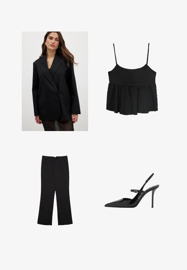 Blazer nero in tessuto morbido, con colletto a labbro, maniche lunghe e un bottone singolo. Leggermente oversize, con dettagli minimi.; Top peplum nero con sottili spalline regolabili. Tessuto strutturato e arricciato, corpino aderente, sezione inferiore svasata, senza hardware o motivi visibili.; Pantaloni neri a gamba dritta, con tasche frontali e spacchi laterali all'orlo. Realizzati in tessuto morbido e liscio. Adatti a diverse occasioni.; Slingback in vernice nera con tacco a stiletto, punta affusolata e cinturino regolabile. Superficie liscia con finitura lucida.