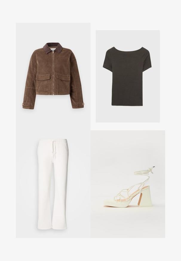 Ruskea samettinen lyhyt takki, jossa on vetoketju edessä, kaksi rintataskua ja ruskea samettinen kaulus. Rakoileva kangas, jossa on raidoitettu kuvio.; Tummanharmaa lyhythihainen paita, jossa on venepääntie. Valmistettu ribbikankaasta, jossa on rento istuvuus ja siisti helmaviimeistely. Yksinkertainen muotoilu, ilman kuvioita.; Valkoiset, rento-fittiset collegehousut pehmeästä kankaasta, jossa on joustava vyötärönauha ja nyöri sekä suora lahjemuoto.; Valkoinen korkokenkä, jossa on paksu korko, ja joka sisältää nauhakiinnityksen ja nilkkaketjun. Sujuva pinta, jossa on platform-etupohja lisäkorkeutta varten.