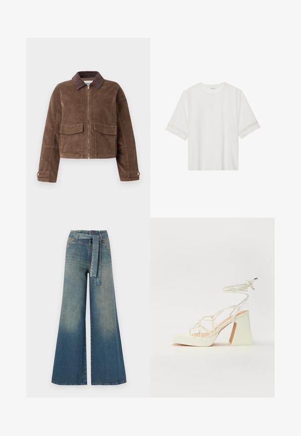 Rjava kordurojna jakna s skrajšanim krojem, z zadrgo spredaj, dvema žepoma na prsih in rjavim kordurojnim ovratnikom. Tekstura blaga z rebrastim vzorcem.; Bela kratka majica s kratkimi rokavi iz bombaža, okrašena z dekorativnim čipkastim robom ob rokavih in okroglo izrezom.; Široke jeans hlače z gradientom od svetlo do temno modre, visokim pasom, zankami za pas in pasom iz istega materiala. Tekstura denim končnica.; Bela sandala na visokih petah s debelim petam, ki ima obliko trakcev in vezanje okoli gležnja. Gladka tekstura z platformo spredaj za dodatno višino.