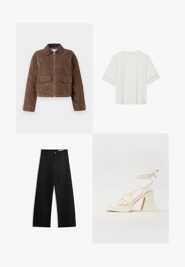 Brown corduroy cropped jacket with a zip front, two chest pockets, and a brown corduroy collar. Textured fabric with a ribbed pattern.; White short-sleeve t-shirt made from cotton, featuring decorative lace trim along the sleeves and a round neckline.; Black wide-leg denim pants with a high waist, featuring front and back pockets, stitched seams, and a button closure. Smooth texture.; White high-heeled sandal with a chunky heel, featuring a strappy design and ankle tie. Smooth texture with a platform front for added height.