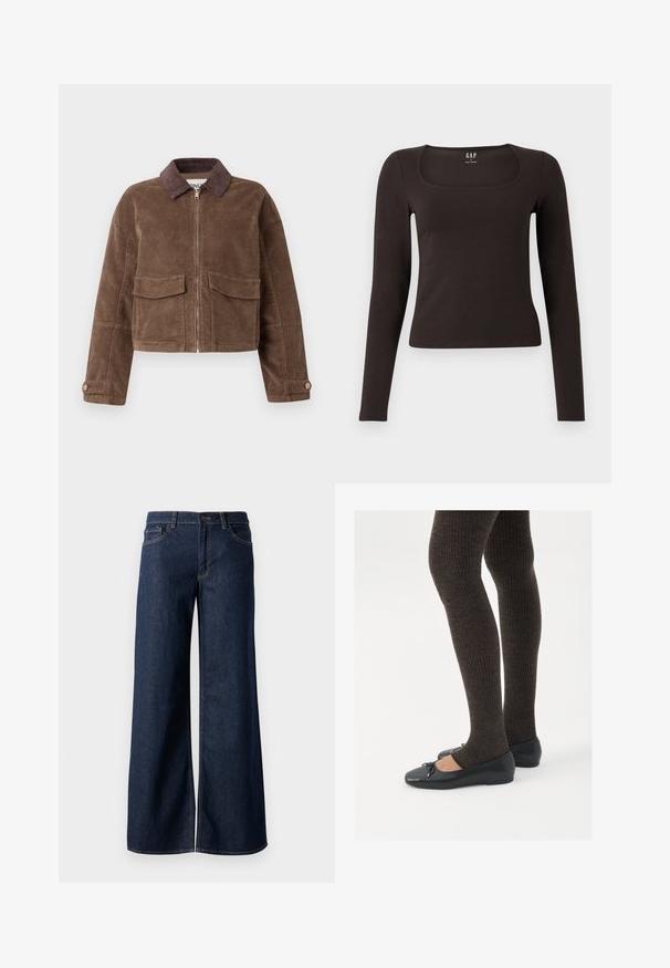 Barna kordbársony cropped dzseki, cipzáros elülső résszel, két mellzsebbel és barna kordbársony gallérral. Texturált anyag, bordázott mintával.; Fekete, hosszú ujjú, elasztikus felső négyzet alakú dekoltázzsal, GAP felirattal, fehér háttér előtt bemutatva.; Sötét kék farmer széles lábú nadrág. Kontrasztos varrással, öt zsebhálóval és gombos derékzárással rendelkezik. Simás textúra.; Fekete lapos cipők kis masni díszítéssel az orrán, sötétbarna bordázott harisnyával párosítva. A cipők sima textúrával és alacsony profilúak.