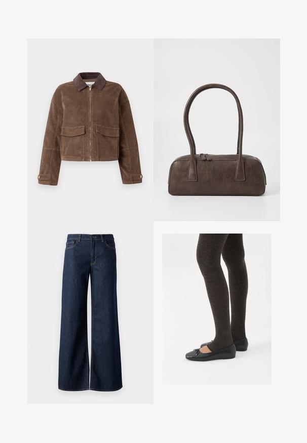 Bruine corduroy cropped jacket met een rits aan de voorkant, twee borstzakken en een bruinen corduroy kraag. Gestructureerde stof met een geribbeld patroon.; Zwarte lange mouwen, getailleerde top met een vierkante halslijn, gelabeled GAP, weergegeven op een witte achtergrond.; Stijlen met wijde pijpen in donkerblauw denim. Kenmerkt zich door contrasterende stiksels, vijf zakken en een knoopsluiting in de taille. Soepele textuur.; Zwarte platte schoenen met een kleine strikdetail op de neus, gecombineerd met donkerbruine geribbelde panty’s. De schoenen hebben een gladde textuur en een lage profiel.; Bruine leren handtas met twee stevige handvatten, rechthoekige vorm, gladde textuur en ritssluiting. Minimalistisch ontwerp zonder zichtbare patronen.