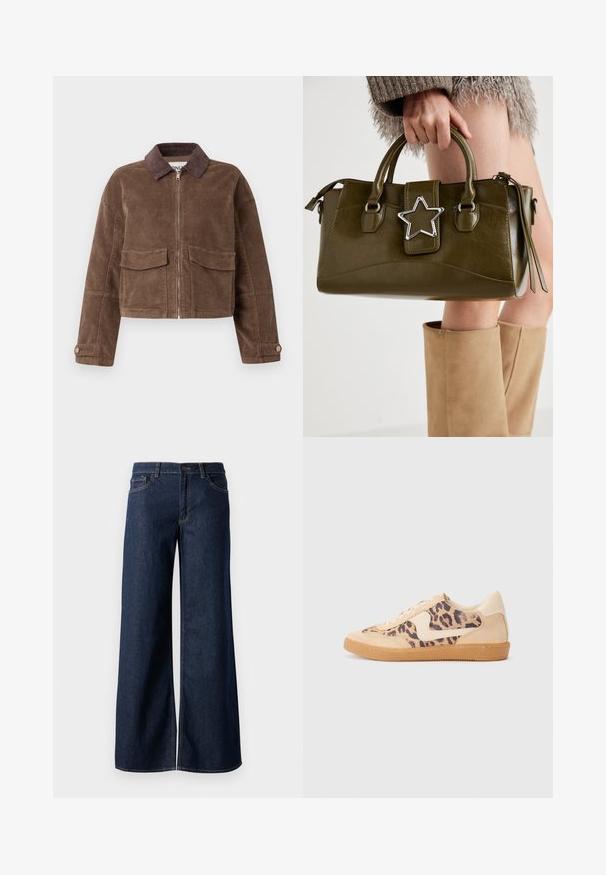 Veste cropped en velours côtelé marron avec fermeture éclair sur le devant, deux poches poitrine et un col en velours côtelé marron. Tissu texturé avec un motif en côtes.; Haut noir à manches longues, ajusté, avec un décolleté carré, étiqueté GAP, affiché sur un fond blanc.; Jean large en denim bleu foncé. Présente des coutures contrastées, cinq poches et une fermeture par bouton à la taille. Texture lisse.; Baskets en imprimé léopard avec tige en suède beige, semelle en caoutchouc tan et accents blancs. Bout rond et design à lacets avec une finition texturée.; Sac à main en simili cuir vert olive avec accent étoilé argenté, deux poignées et fermeture éclair. Surface texturée et forme structurée.