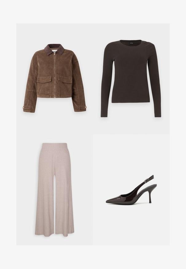 Veste cropped en velours côtelé marron avec fermeture éclair sur le devant, deux poches poitrine et un col en velours côtelé marron. Tissu texturé avec un motif en côtes.; Un haut marron à manches longues en rib avec un col rond. Fabriqué dans un matériau lisse et extensible, il présente une silhouette ajustée et un minimum de détails.; Pantalons larges gris clair fabriqués en tissu doux et côtelé, dotés d'une taille haute et de jambes longues avec une texture subtile.; Soulier à talons hauts type slingback en cuir verni marron foncé brillant, à bout pointu, côtés ouverts et bride de cheville réglable.