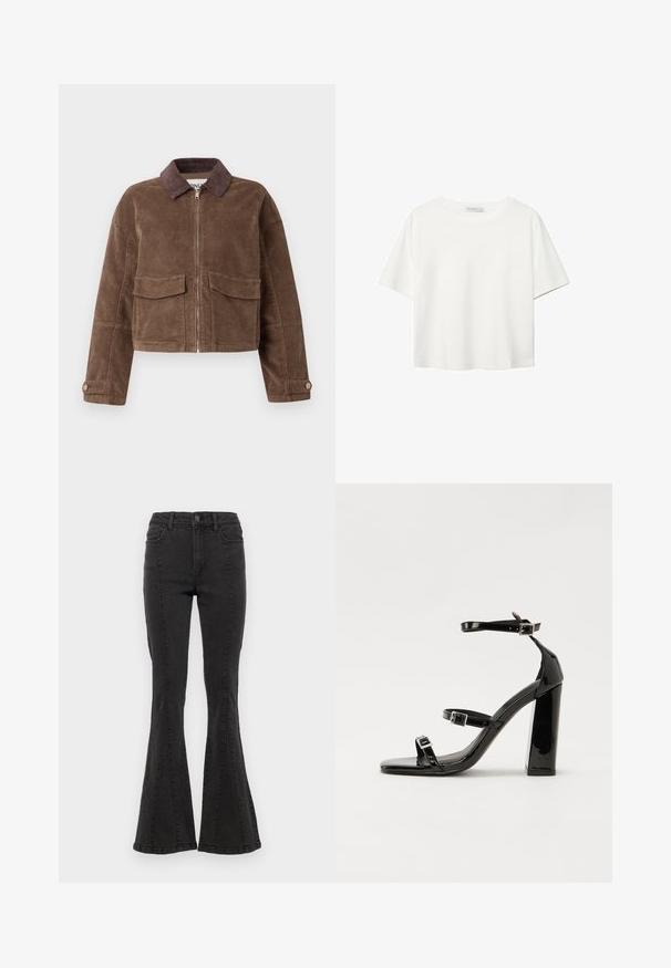 Ruskea samettinen lyhyt takki, jossa on vetoketju edessä, kaksi rintataskua ja ruskea samettinen kaulus. Rakoileva kangas, jossa on raidoitettu kuvio.; Valkoinen lyhythihainen T-paita, joka on tehty puuvillasta. Siinä on pyöreä kaula-aukko ja rento malli. Silkkinen pinta ilman näkyviä kuvioita tai koristeita.; Mustat denim-flares-housut, joissa on korkea vyötärö. Sivusaumat ja siisti viimeistely helmassa. Kangas on sileä ja siinä on hieman venyvyyttä.; Musta kiiltävä korkokenkä sandaalit neliönmuotoisella varpaalla, nilkkaremmillä ja hopeisilla soljilla. Varustettu tukevalla lohkokorkealla vakauden takaamiseksi.