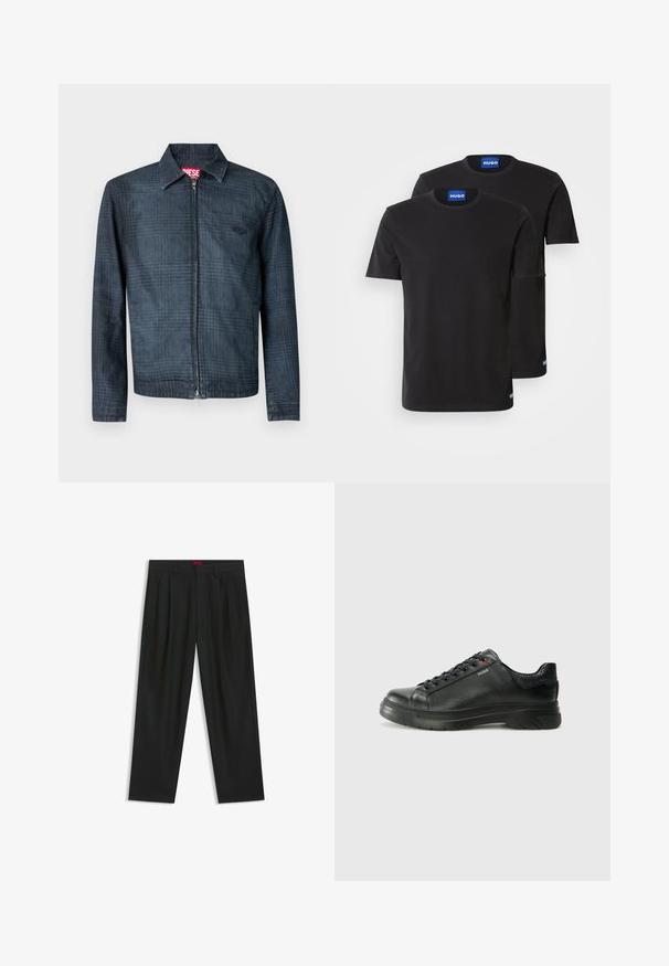 Dark blue jacket made of denim with a structured design, full front zipper, and a collared neckline. Features subtle check pattern and logo.; Two black cotton T-shirts with round necklines, short sleeves, and blue "HUGO" labels on the collars and side hems.; Black trousers with a pleated design, wide leg shape, and a smooth texture. Features a red waistband tag.; Black leather sneaker with textured upper, padded collar, and red logo detail. Features a thick rubber sole with distinct tread pattern.