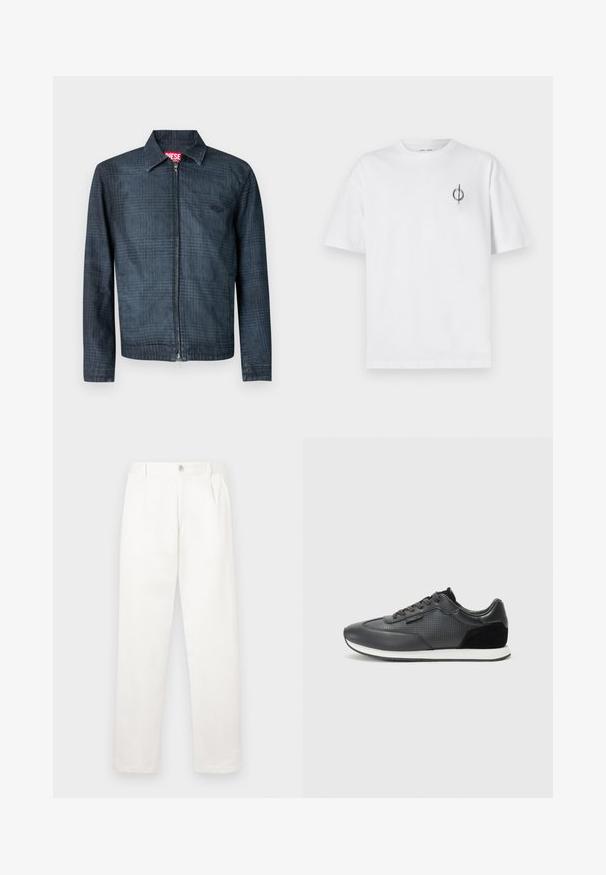 Tumši zilas džinsa materiāla jaka ar strukturētu dizainu, pilna priekšpuses rāvējslēdzēja un apkakles izgriezumu. Ietver smalku rūtainu rakstu un logotipu.; Bāla kokvilnas t-kreklu ar brīvu piegulšanu, kuram uz kreisā krūšu apvidus ir neliels melns grafiskais logotips. Īsas piedurknes, apaļas kakla izgriezums.; Baltas bikses, izgatavotas no gludas auduma, ar taisnu kāju dizainu, priekšējiem krokām un vienu pogu aizdari jostasvietā.; Melni sporta kurpju zābaki, kas izgatavoti ar ādas augšdaļu, ar perforētu dizainu, zamšādas akcentiem un baltu gumijas zoli. Klasiska auklu pievēršana.