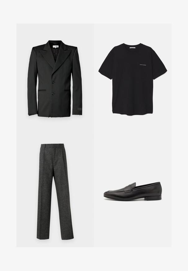 Black blazer with a tailored design, double-breasted buttons, notched lapels, and raw-edge cuffs. Features side pockets and contrasting textures.; Black cotton T-shirt with a crew neck, short sleeves, and a white logo print on the left chest. Simple, solid color design.; Gray tailored trousers made of textured fabric, featuring two front pleats and a straight-leg design. No visible pockets or embellishments.; Black leather loafers with a sleek design, rounded toe, and low stacked heel. Features a decorative stitched detail on the upper.