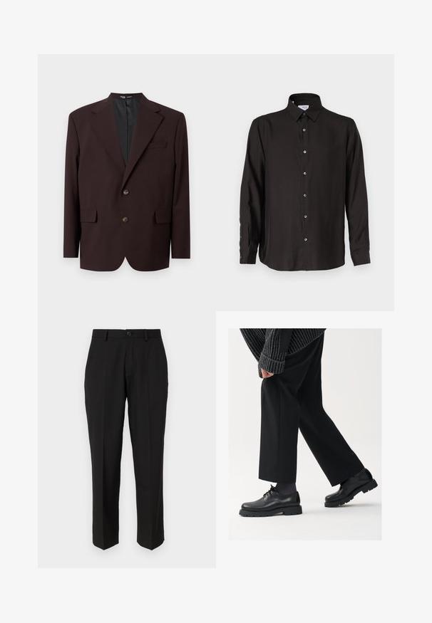 Selected Homme SLHRELAX - Giacca - demitasse; Camicia nera a maniche lunghe in tessuto liscio, con scollo a polo, colletto punta e orlo arrotondato con bottoni a contrasto.; Pantaloni neri in tessuto liscio, con un design a gamba dritta, tasche frontali, chiusura con un singolo bottone e senza motivi visibili.; Scarpe in pelle nera con punta arrotondata, design con lacci e suola spessa e texture. Indossate con pantaloni neri su misura e un maglione a coste.